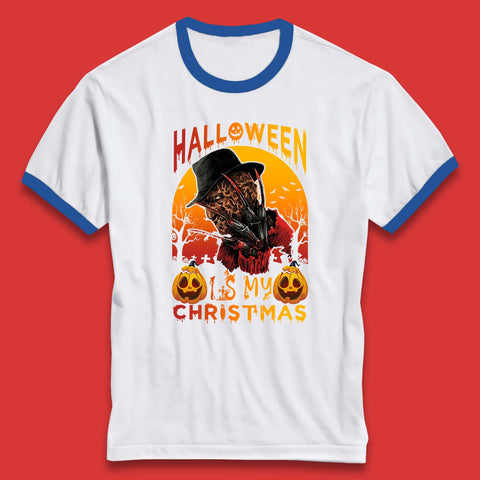 Halloween Is My Christmas Freddy Krueger Horror Movie Character Serial Killer Ringer T Shirt