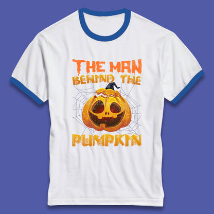 The Man Behind The Pumpkin Halloween Pregnancy Baby Announcement New Dad Gift Ringer T Shirt