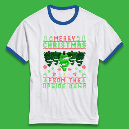 merry christmas from the upside down tree ringer t shirt