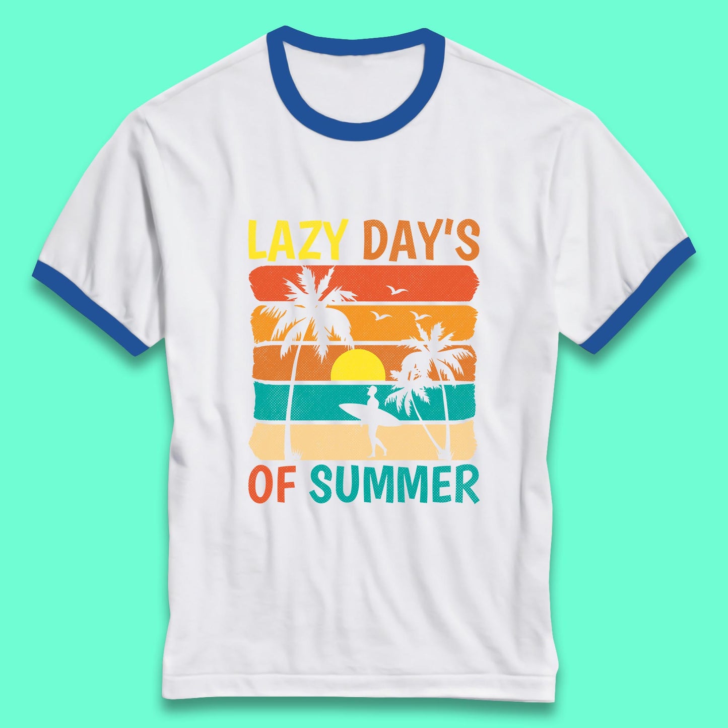 Lazy Days Of Summer Vintage Retro Sunset Surfer Beach Palm Trees Ringer T Shirt