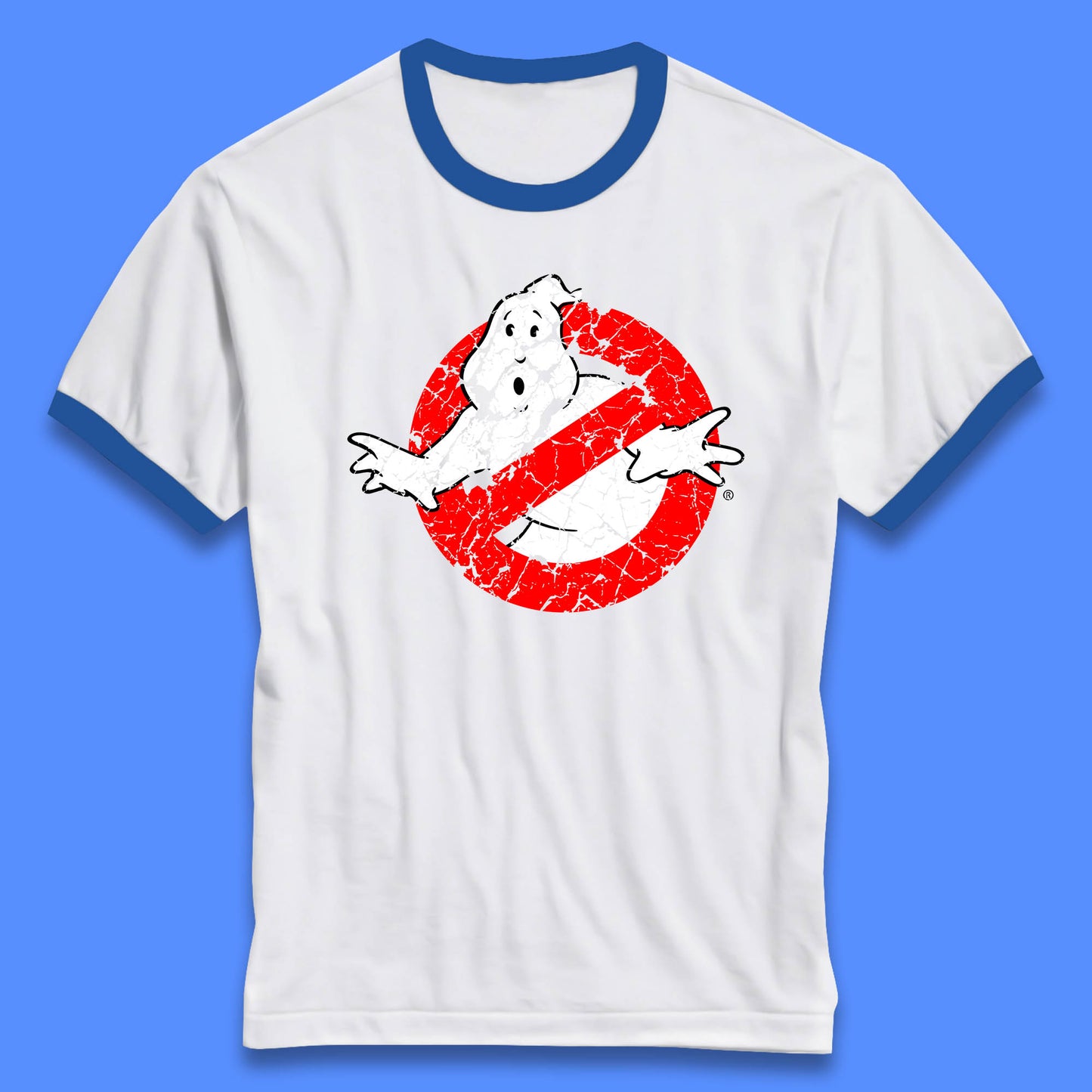 Distressed The Real Ghostbusters No Ghost Symbol Retro Halloween Movie Costume Ringer T Shirt