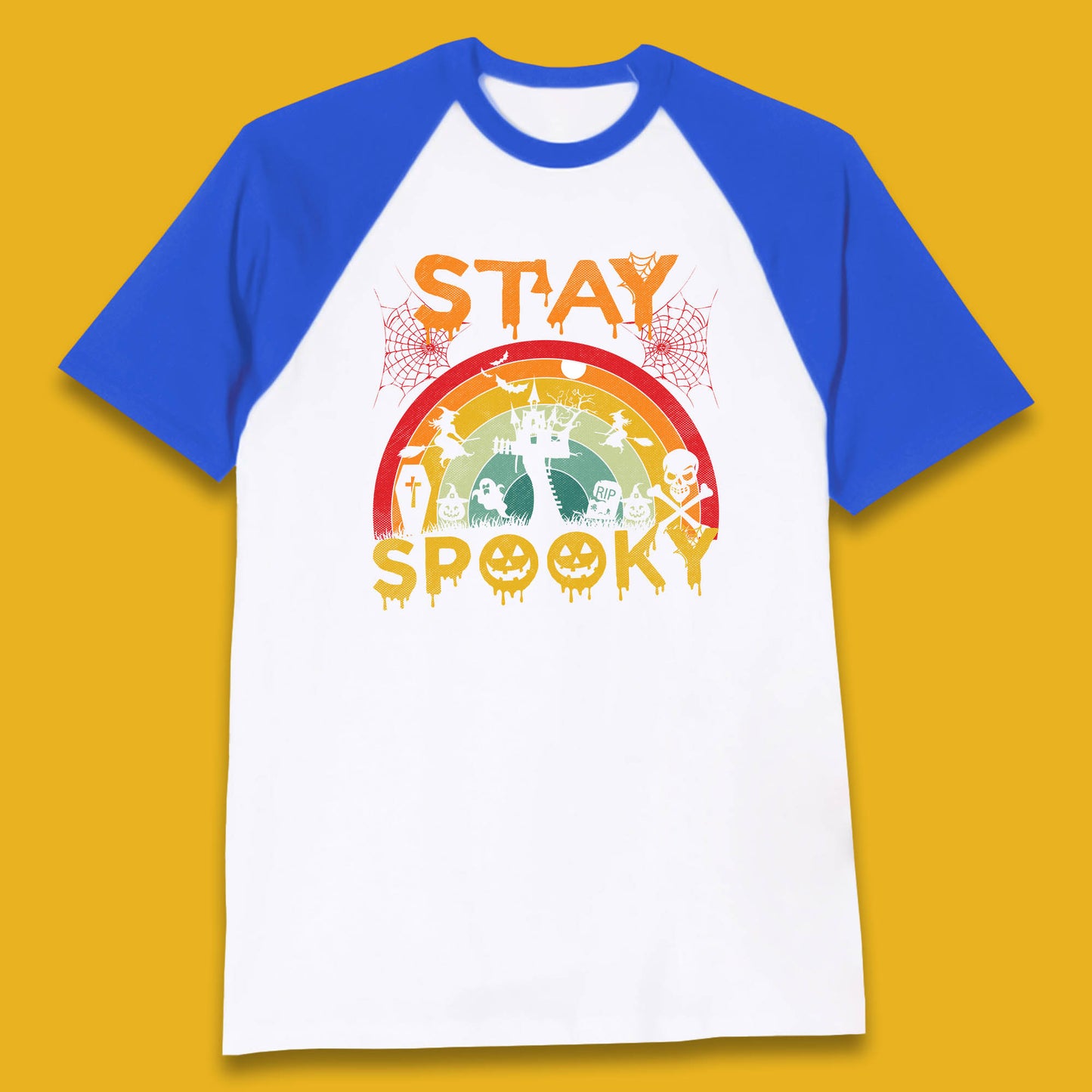 Stay Spooky Vintage Halloween Hunted House Dark Night Full Moon And Flying Bats Baseball T Shirt