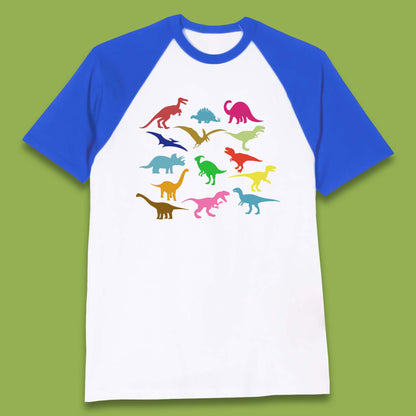 Colourful Dinosaurs Dino Fossil Dinosaurs Wild Nature Prehistoric Paleontology Velociraptor Baseball T Shirt