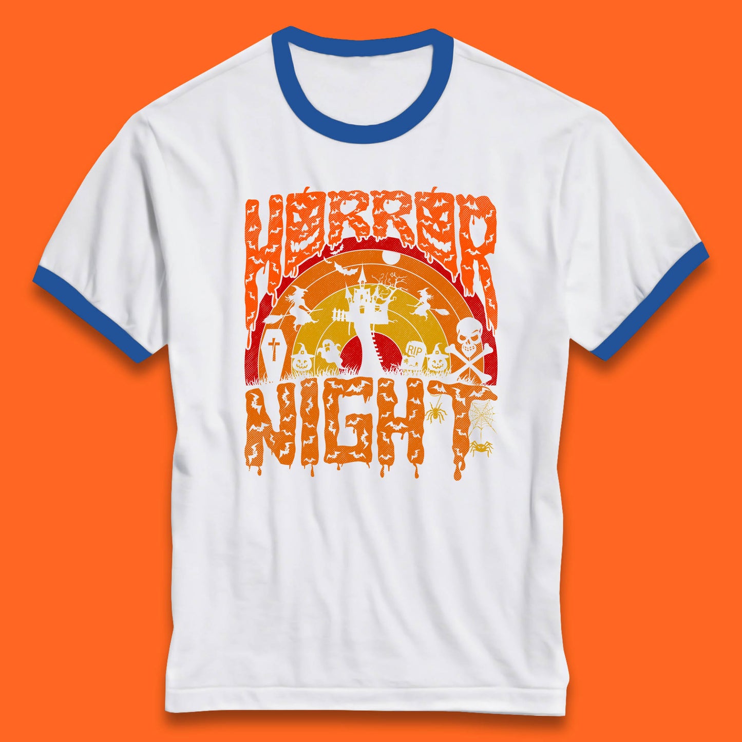 Halloween Horror Night Vintage Rainbow Flying witches Scary Boo Spooky Festive Night Ringer T Shirt