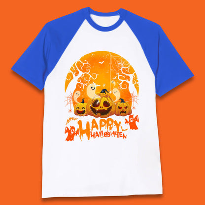 Happy Halloween Jack O Lantern Pumpkins Scary Boo Ghost Haunted Trees Baseball T Shirt