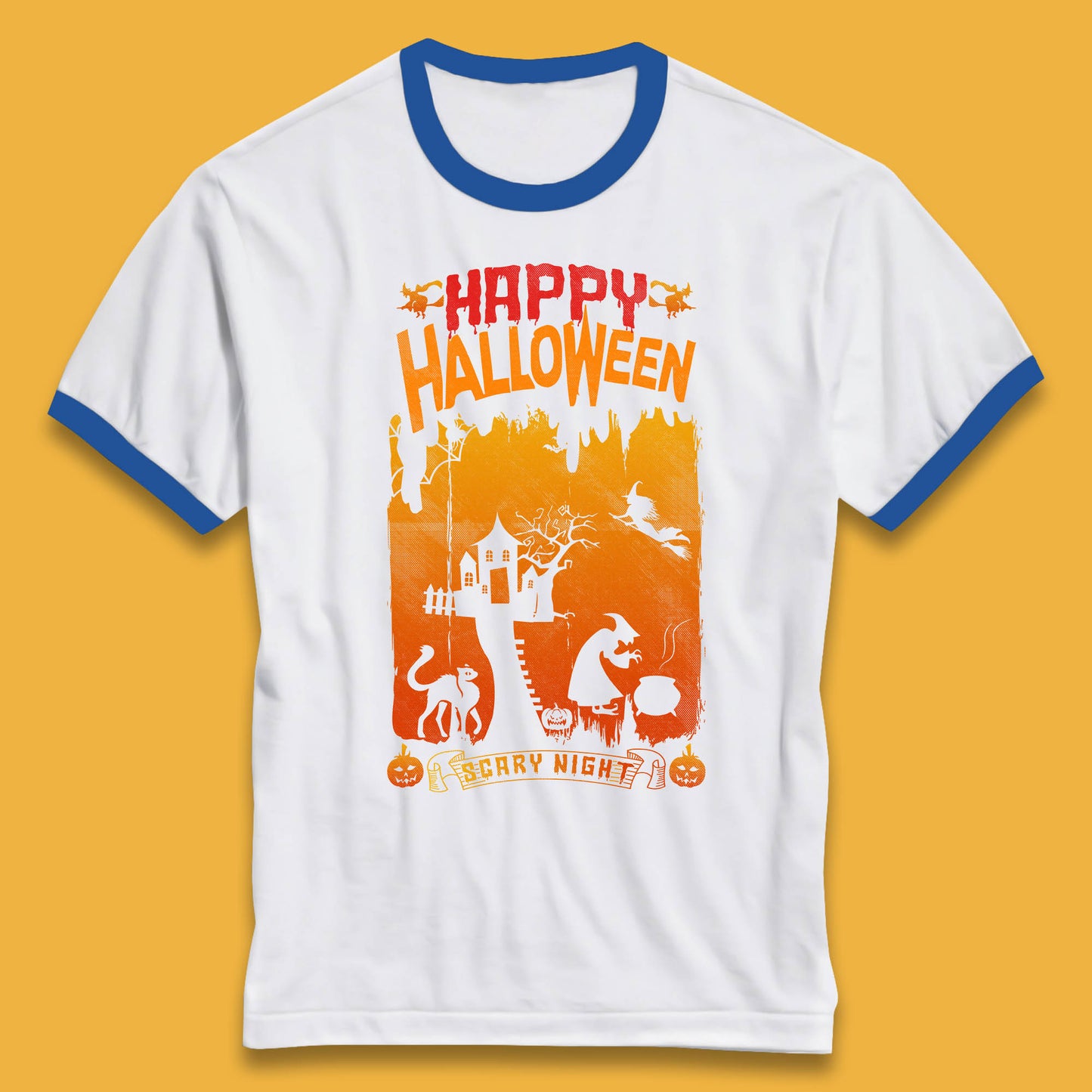 Happy Halloween Horror Hunted House Flying Witch Scary Spooky Night Ringer T Shirt