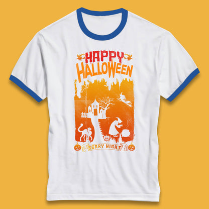 Happy Halloween Horror Hunted House Flying Witch Scary Spooky Night Ringer T Shirt