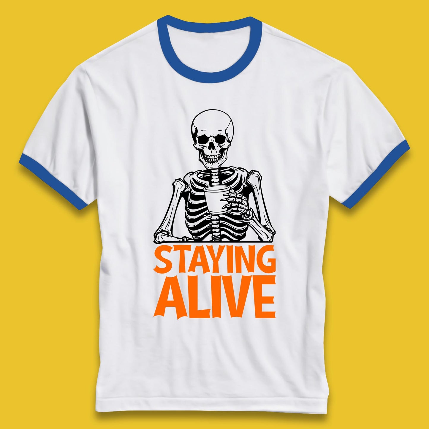 Staying Alive Funny Skeleton Trendy Coffee Halloween Skull Vintage Coffee Lovers Ringer T Shirt