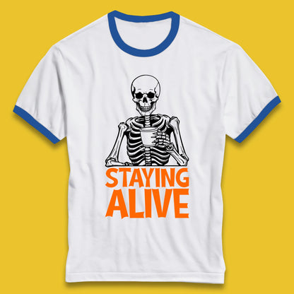 Staying Alive Funny Skeleton Trendy Coffee Halloween Skull Vintage Coffee Lovers Ringer T Shirt