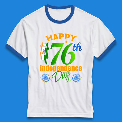 Happy India 76th Independence Day 15th August Patriotic Indian Flag Ringer T Shirt