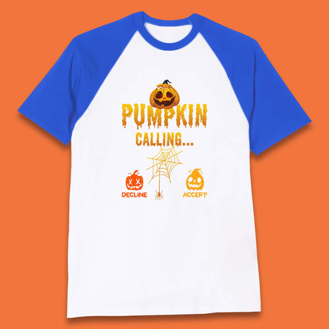 Halloween Pumpkin Calling Accept Decline Funny Jack O Lantern Horror Scary Phone Call Baseball T Shirt