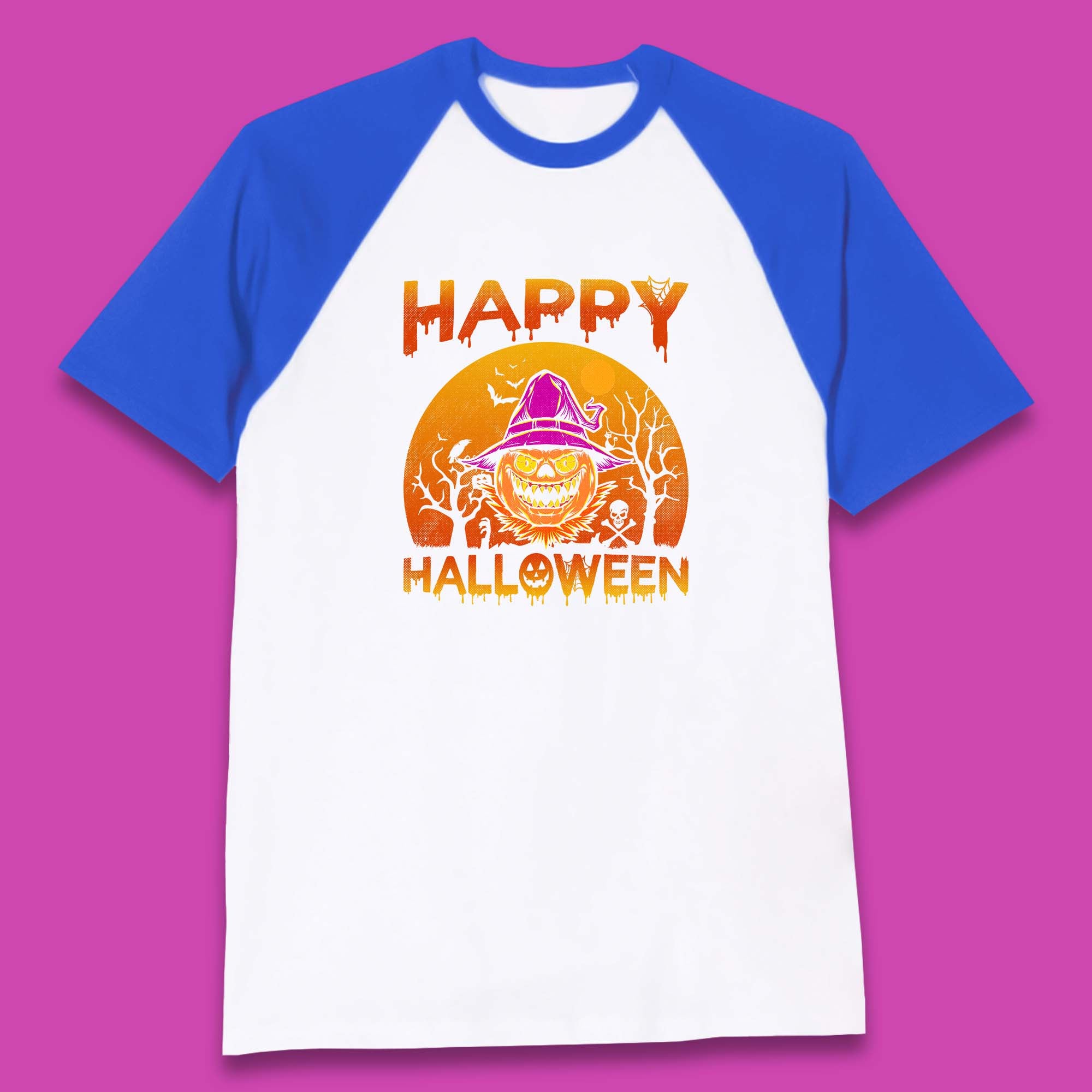 Happy Halloween Monster Pumpkin With Witch Hat Horror Scary Spooky Season Baseball T Shirt