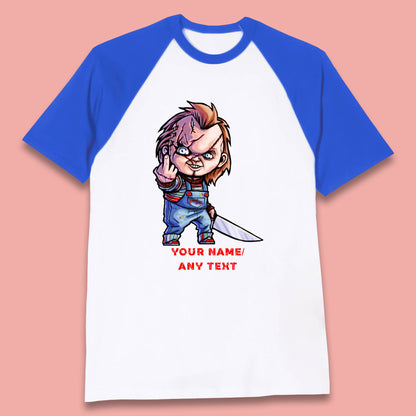 Personalised Chucky With Knife Your Name Or Text Halloween Horror Movie Character Baseball T Shirt
