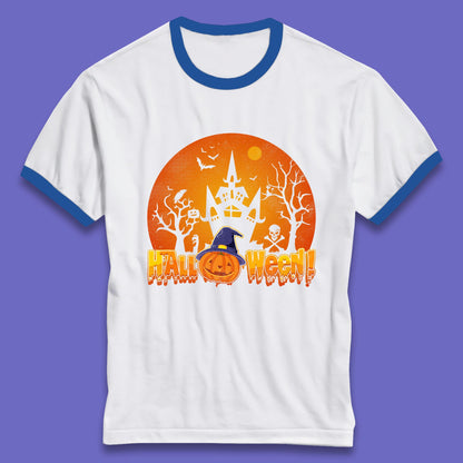 Halloween Pumpkin Witch Hat Haunted Castle Flying Bats Skull Bones Scary Dark Night Ringer T Shirt
