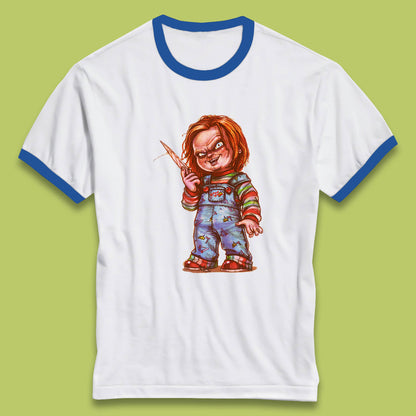 The Horror Movie Character Chucky With Knife Serial Killer Halloween Horror Movie Inspired Chucky Ringer T Shirt