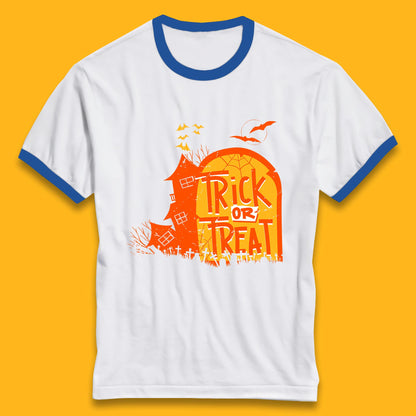 Trick Or Treat Halloween Terrific Abandoned Haunted House Flying Bats Ringer T Shirt