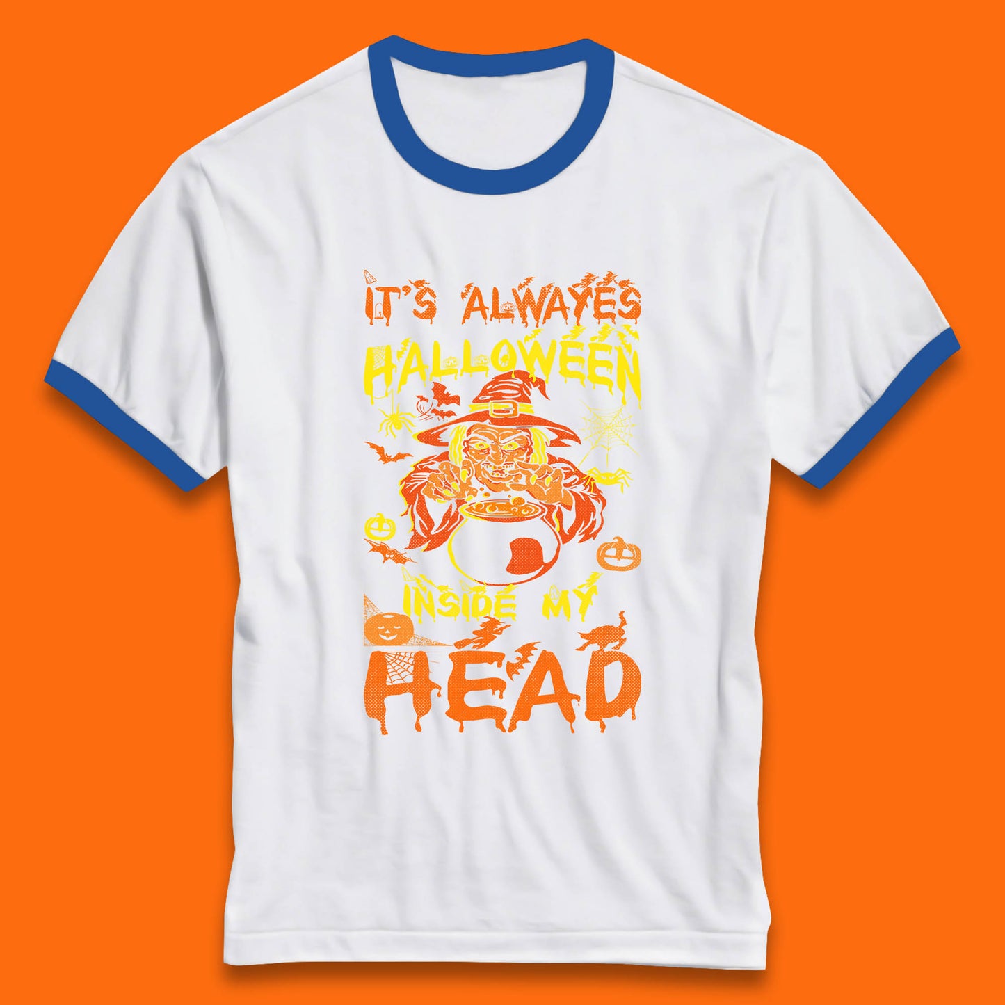 It's Always Halloween Inside My Head Witch Cooking A Magic Potion In The Cauldron (Stew Pot) Halloween Ringer T Shirt