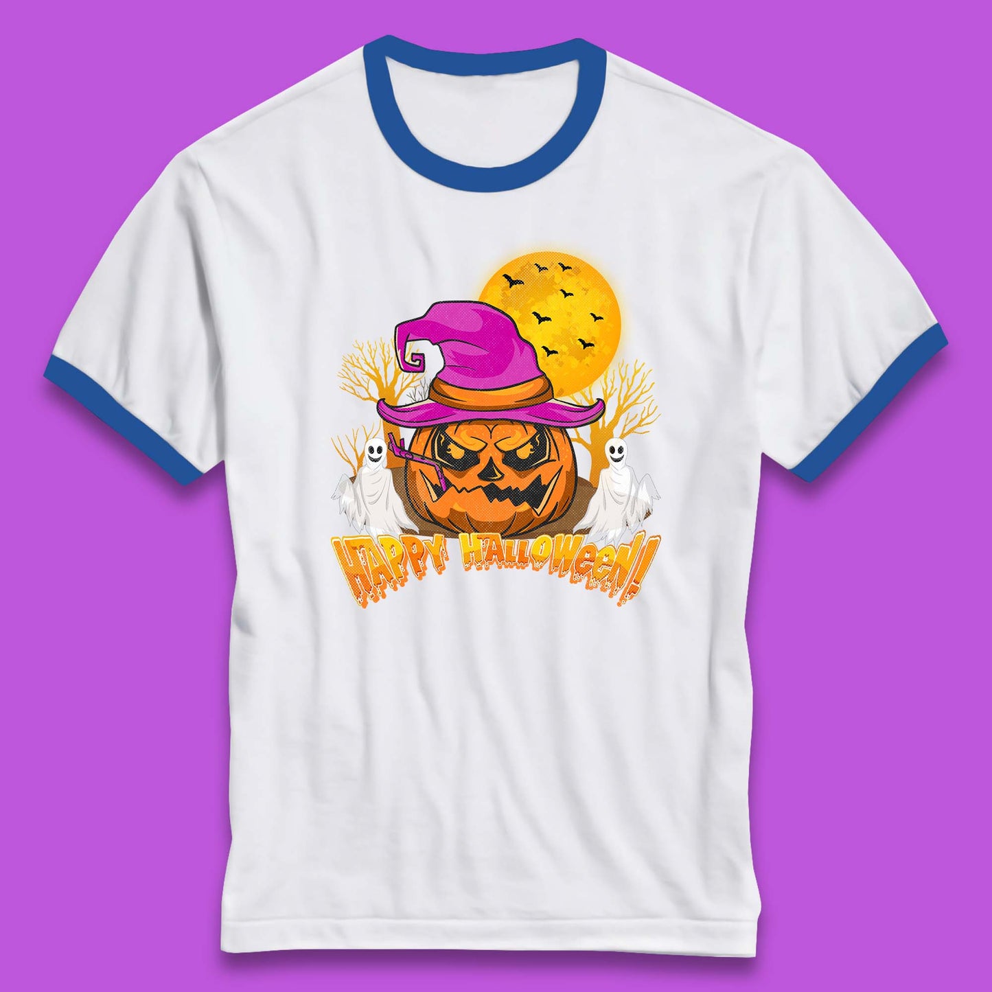 Happy Halloween Pumpkin Witch Hat Jack-o'-lantern With Full Moon Flying Bats Horror Scary Boo Ghost Ringer T Shirt