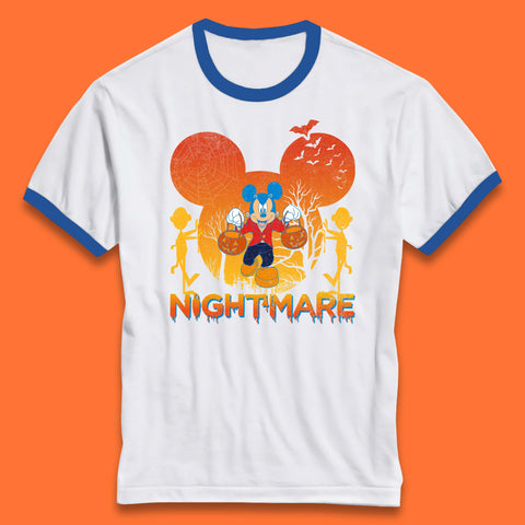 Halloween Nightmare Disney Mickey Mouse Holding Pumpkin Bucket Horror Scary Disneyland Trip Ringer T Shirt
