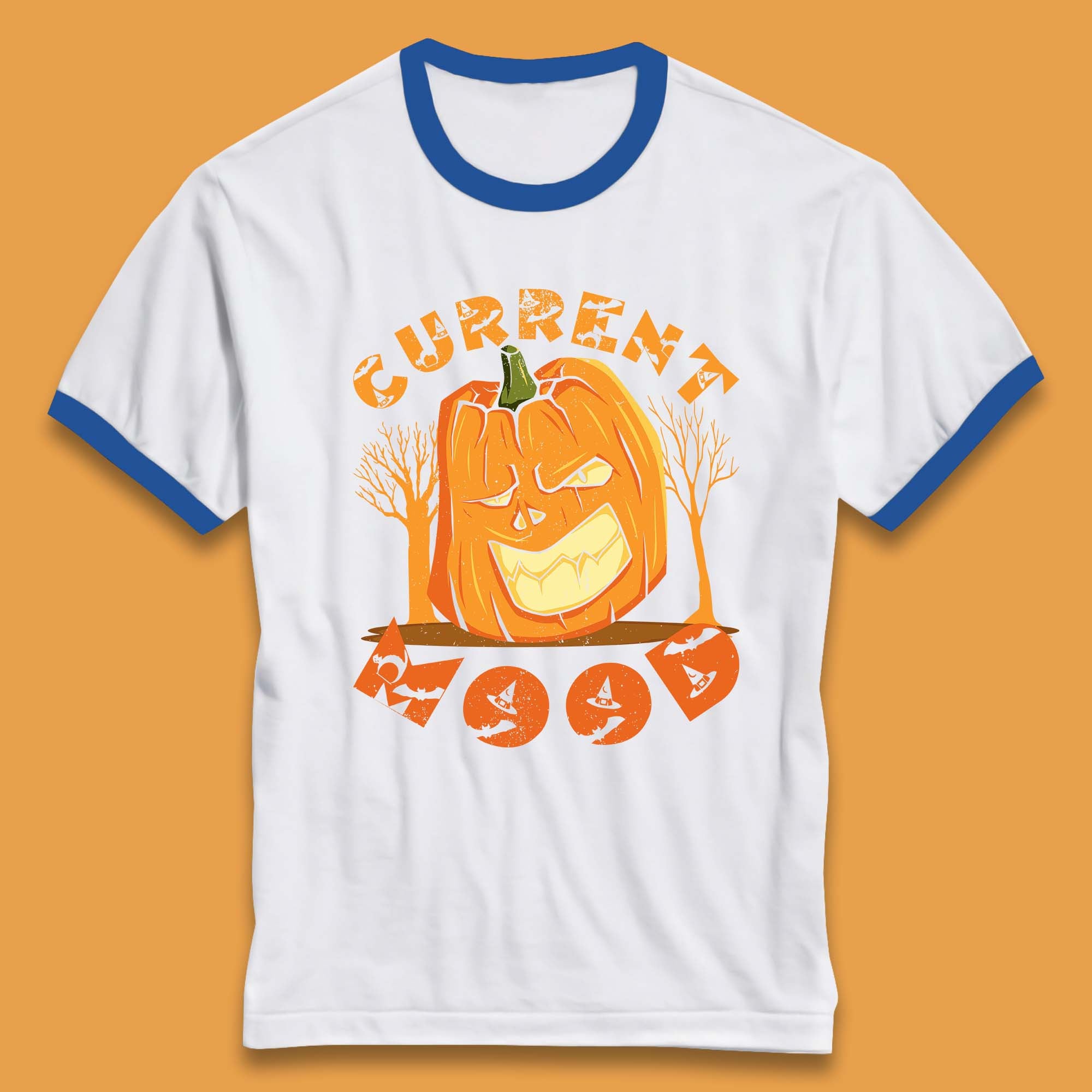 Current Mood Halloween Pumpkin Evil Scary Smile Horror Jack-o-Lantern Ringer T Shirt