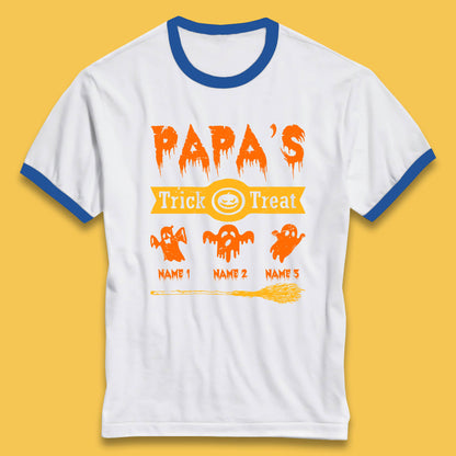 Personalised Papa's Trick Or Treat Halloween Custom Your Boo Ghost Children Names Scary Spooky Costume Ringer T Shirt