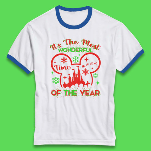 Disney Mickey Mouse It's The Most Wonderful Time Of The Year Christmas Magic Kingdom Xmas Disneyland Ringer T Shirt