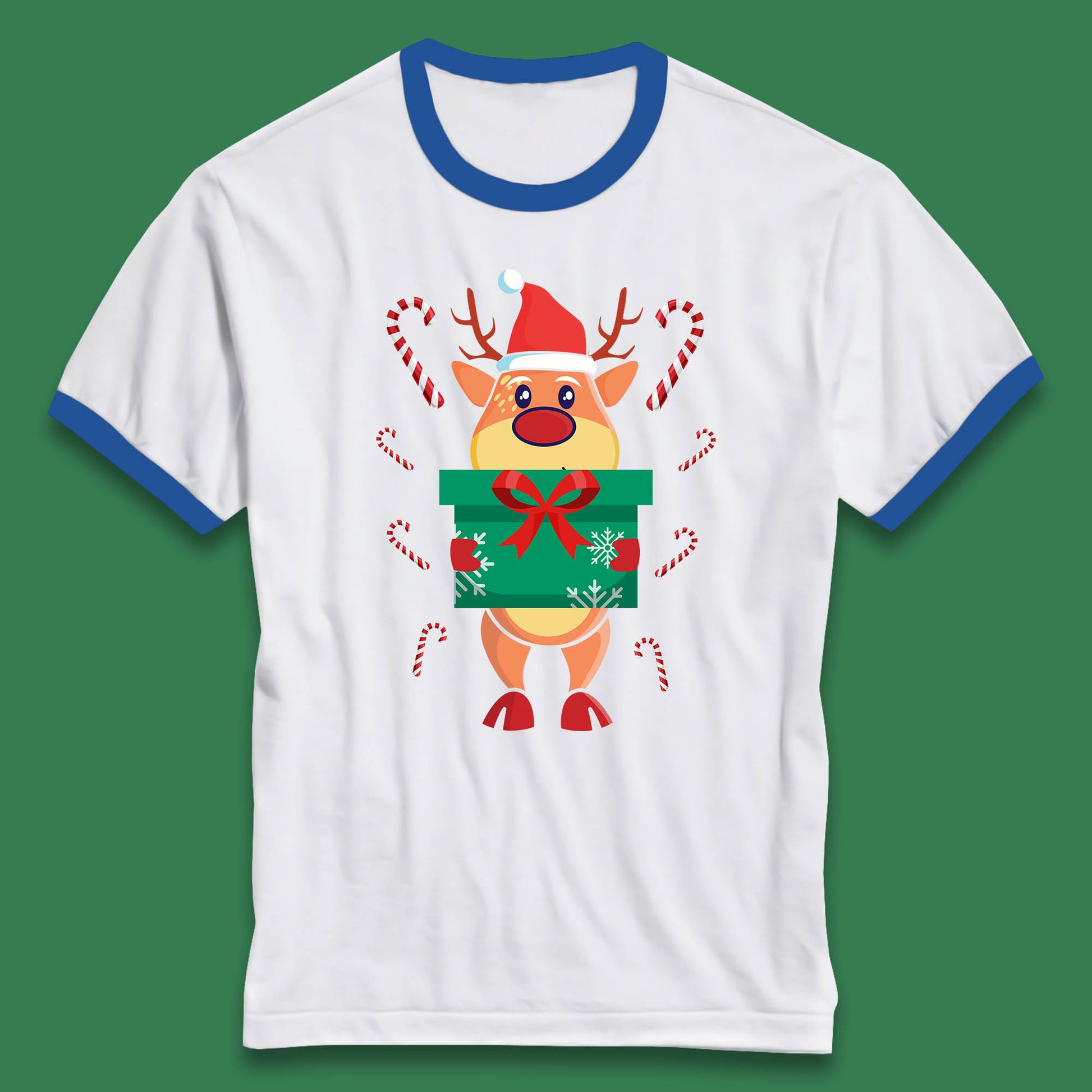 reindeer holding gift christmas ringer t shirt