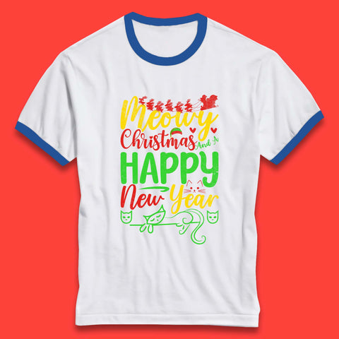 Meowy Christmas And A Happy New Year Funny Christmas Cat Xmas Meowy Catmas Ringer T Shirt