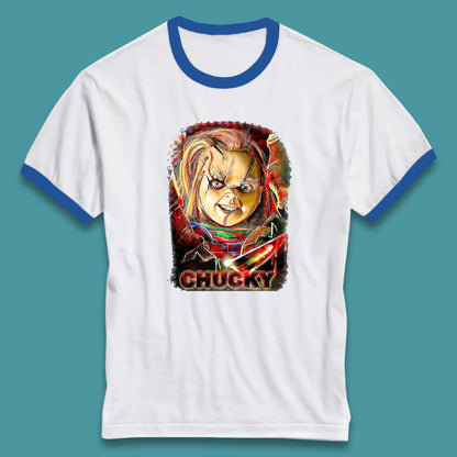 Chucky Distressed Childs Play Horror Monster Creepy Doll Toy Scary Halloween Scary Movie Character Ringer T Shirt