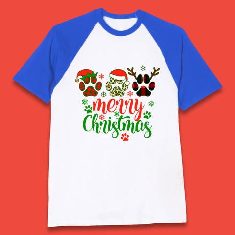 Merry Christmas Dog & Cat Paws Buffalo Plaid Santa Claus Reindeer Xmas Baseball T Shirt