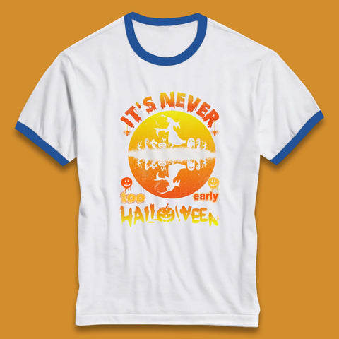 It's Never Too Early Halloween Witch Flying On Broomstick Over Lake Scary Spooky Season Ringer T Shirt