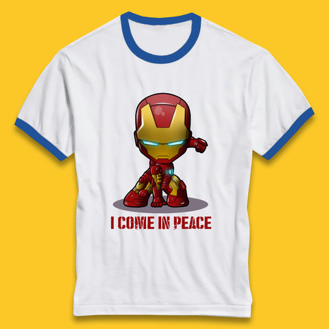 I Come In Peace Marvel Avenger Movie Character Iron Man Superheros Ironman Costume Superheros Ringer T Shirt
