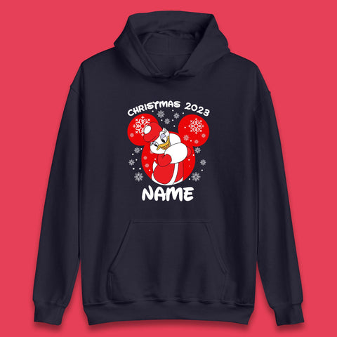Personalised Christmas 2023 Your Name Santa Donald Duck And Daisy Duck Xmas Disney Mickey And Friends Unisex Hoodie