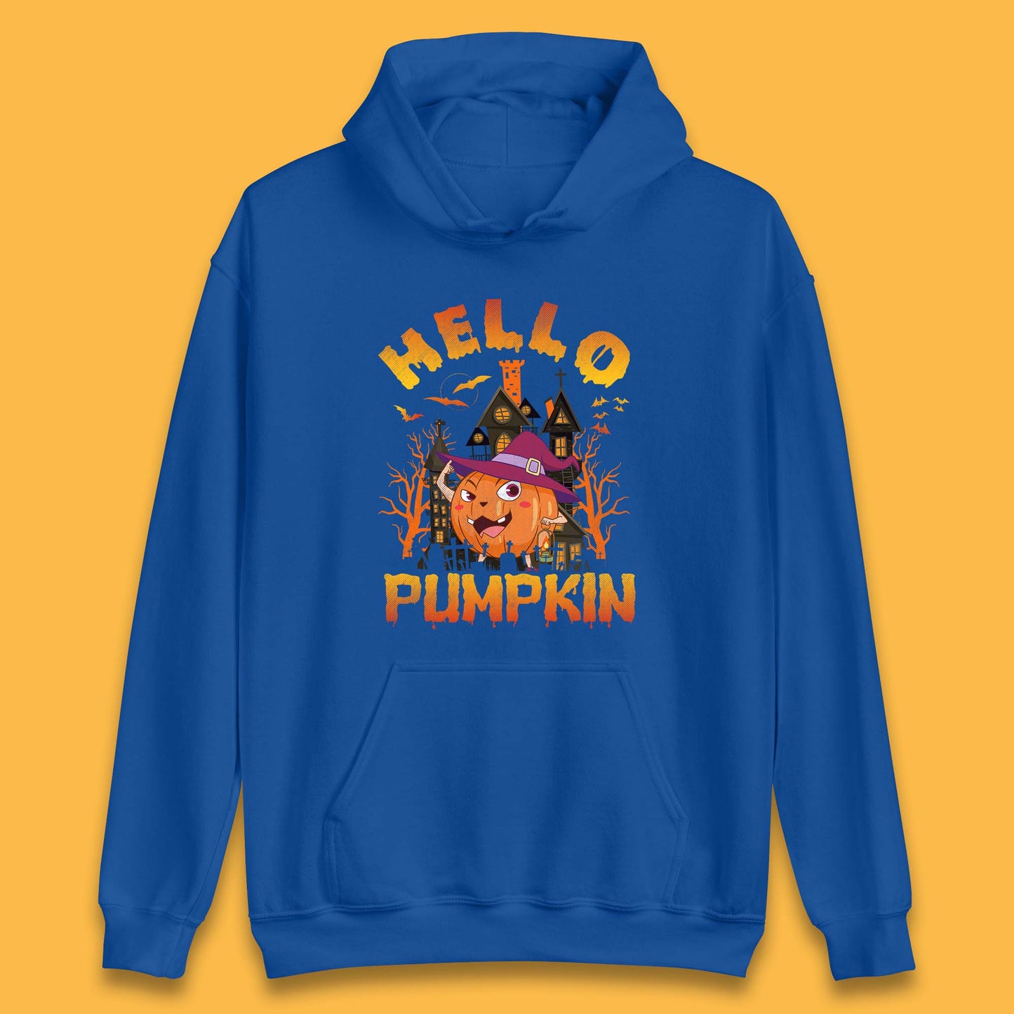 Hello Pumpkin Cartoon Halloween Pumpkin With Witch Hat Devil Smile Haunted Castle Unisex Hoodie