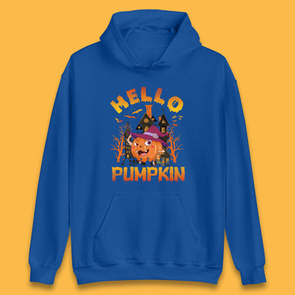 Hello Pumpkin Cartoon Halloween Pumpkin With Witch Hat Devil Smile Haunted Castle Unisex Hoodie