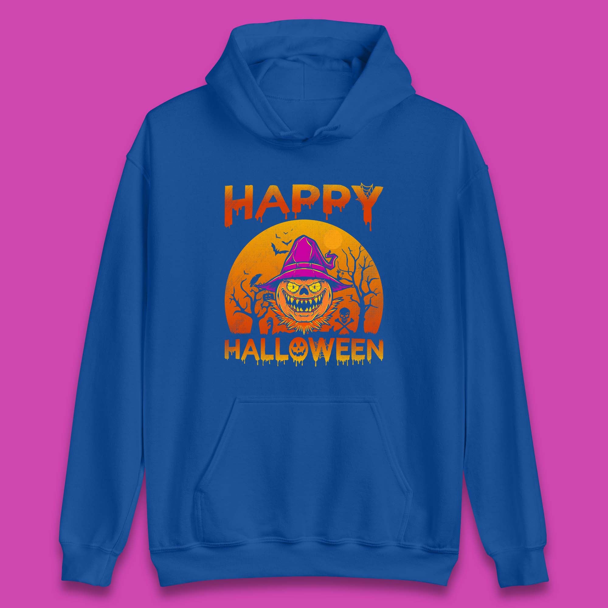 Happy Halloween Monster Pumpkin With Witch Hat Horror Scary Spooky Season Unisex Hoodie