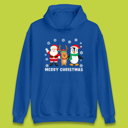 merry christmas penguin santa claus and reindeer hoodie
