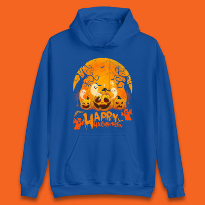 Happy Halloween Jack O Lantern Pumpkins Scary Boo Ghost Haunted Trees Unisex Hoodie