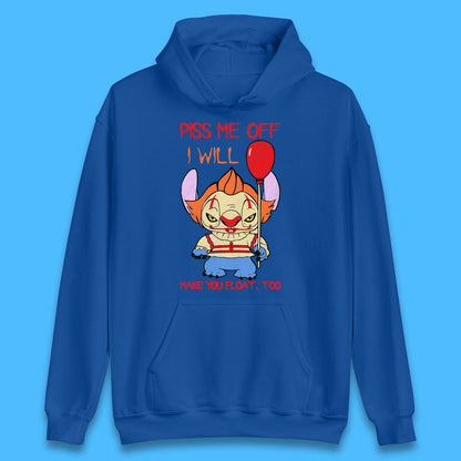 Piss Me Off I Will Make You Float, Too Halloween IT Pennywise Clown & Disney Stitch Movie Mashup Parody Unisex Hoodie