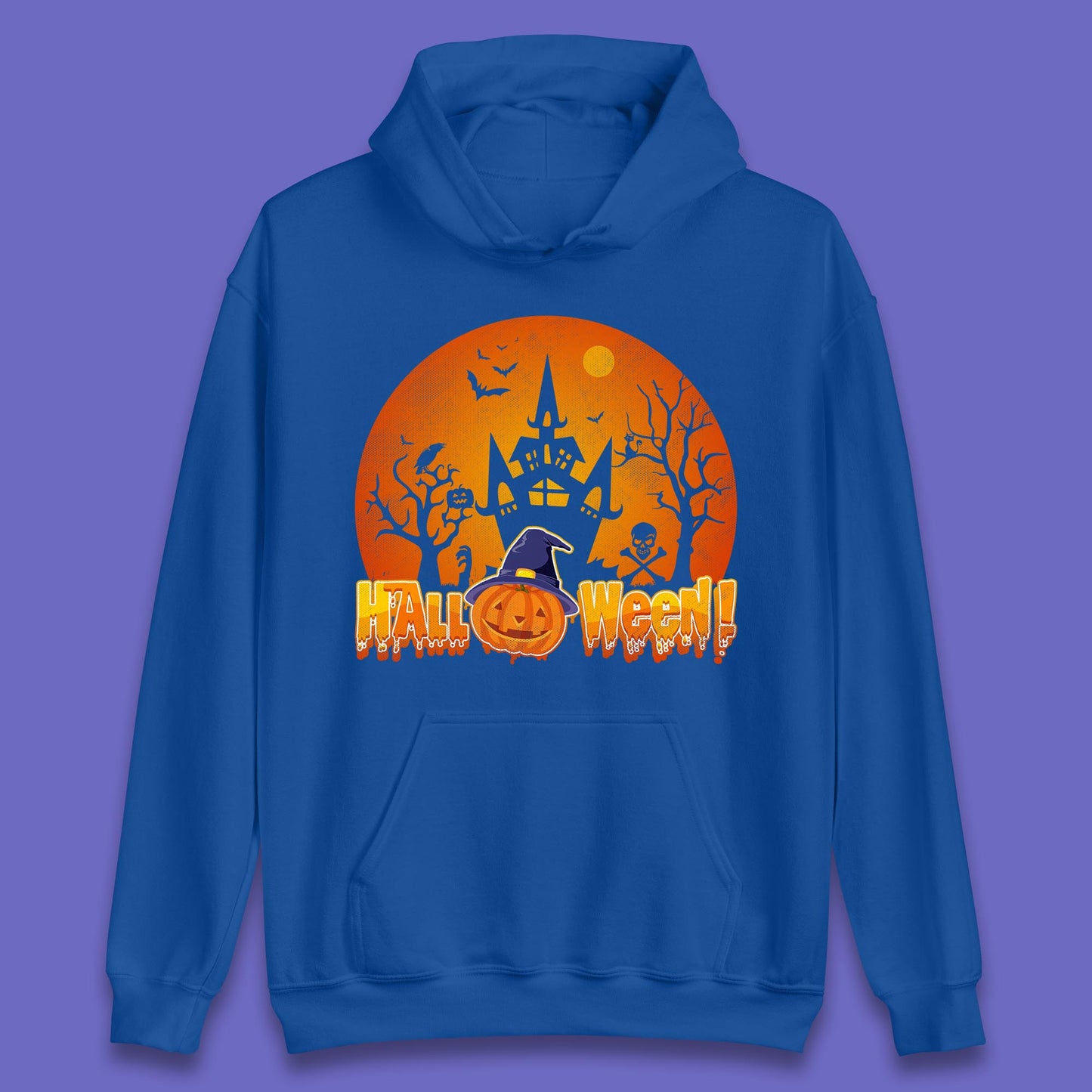 Halloween Pumpkin Witch Hat Haunted Castle Flying Bats Skull Bones Scary Dark Night Unisex Hoodie