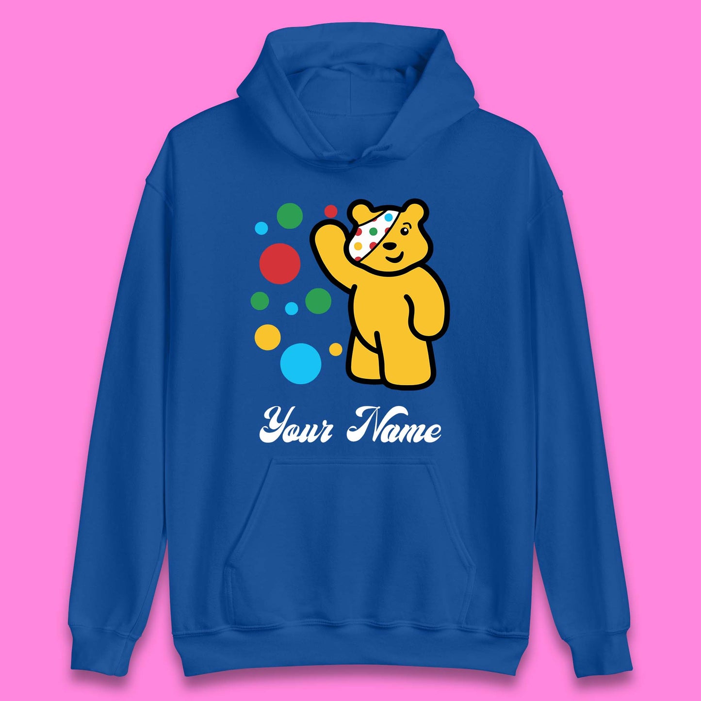 Personalised Spotty Pudsey Bear Hand Waving Dotty Spot Your Name Fundraising Spotty Bear Spotty Day Unisex Hoodie