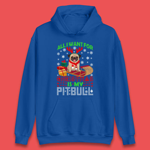 All I Want For Christmas Is My Pitbull Funny Dog With Reindeer Horns Ugly Xmas Unisex Hoodie
