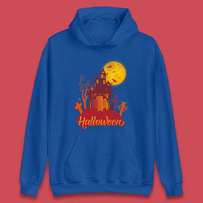 Halloween Lettering With Full Moon Scary Haunted House Flying Bats Horror Graveyard Unisex Hoodie