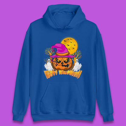 Happy Halloween Pumpkin Witch Hat Jack-o'-lantern With Full Moon Flying Bats Horror Scary Boo Ghost Unisex Hoodie