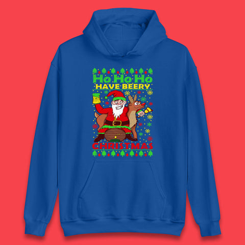 Ho Ho Ho Have A Beery Christmas Drunk Santa Claus With Reindeer Xmas Beer Lover Unisex Hoodie