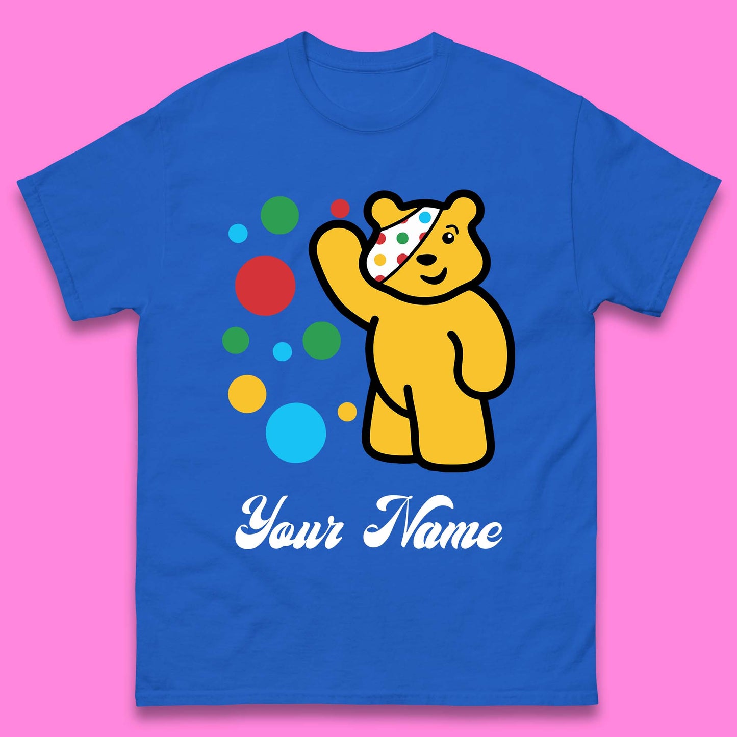 Personalised Spotty Pudsey Bear Hand Waving Dotty Spot Your Name Fundraising Spotty Bear Spotty Day Mens Tee Top