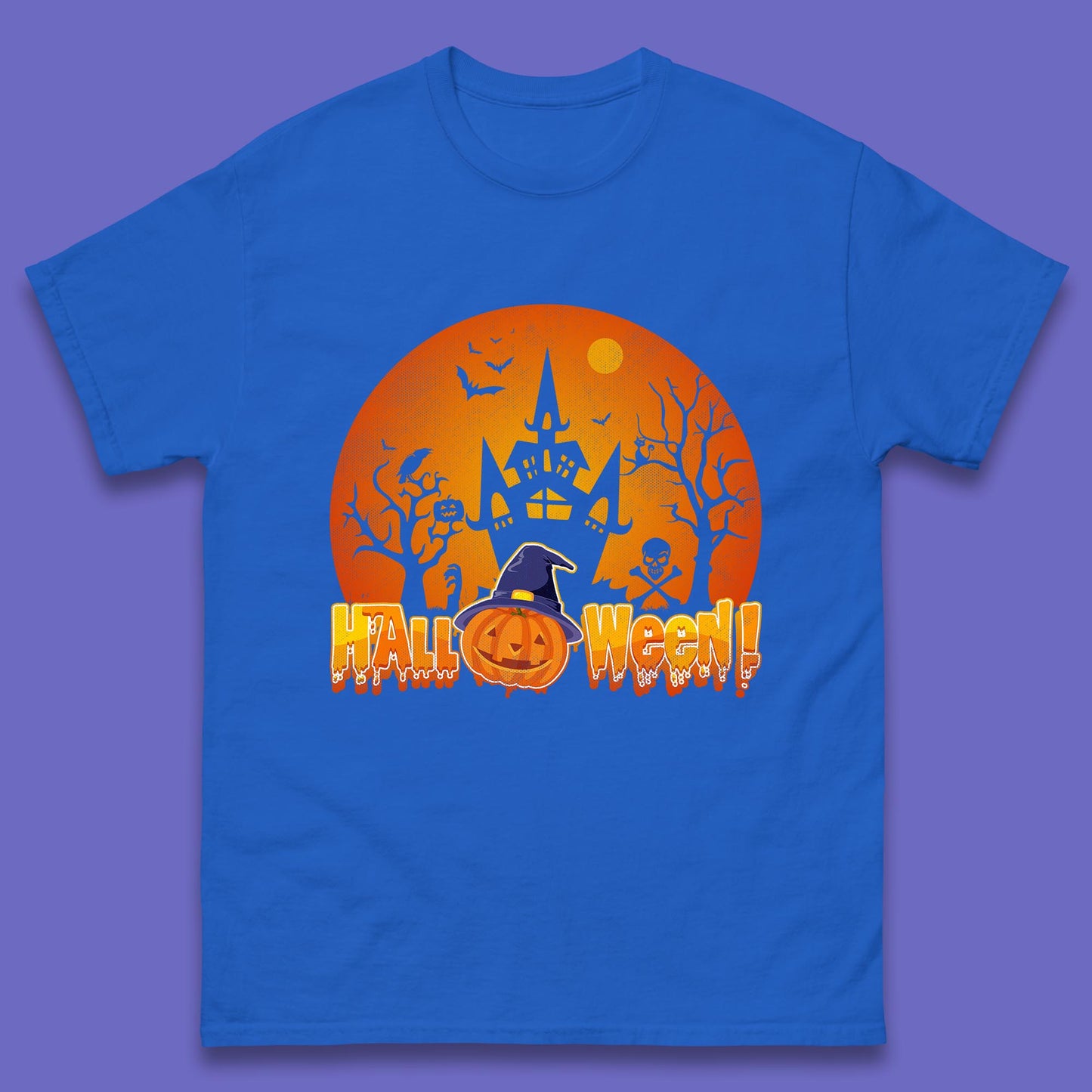 Halloween Pumpkin Witch Hat Haunted Castle Flying Bats Skull Bones Scary Dark Night Mens Tee Top