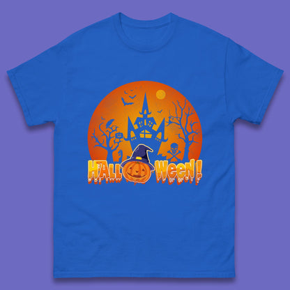 Halloween Pumpkin Witch Hat Haunted Castle Flying Bats Skull Bones Scary Dark Night Mens Tee Top