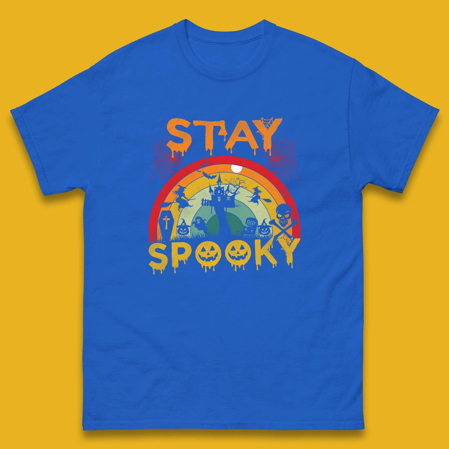 Stay Spooky Vintage Halloween Hunted House Dark Night Full Moon And Flying Bats Mens Tee Top
