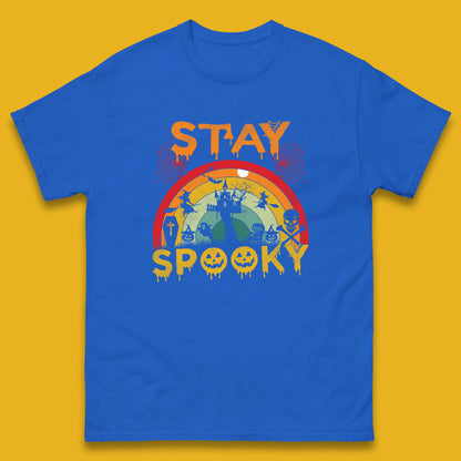 Stay Spooky Vintage Halloween Hunted House Dark Night Full Moon And Flying Bats Mens Tee Top